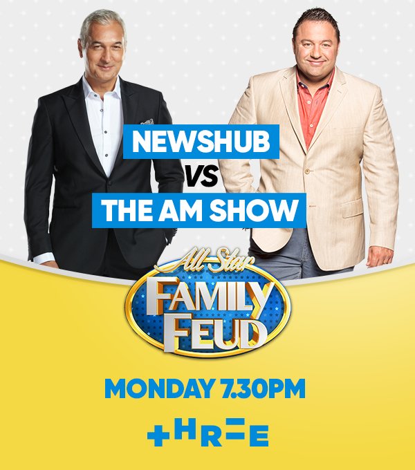 ThreeNewZealand's tweet photo. It's the evening crew VS. the morning crew as @NewshubNZ take on @TheAMShowNZ on All Star @FamilyFeudNZ this Monday! 👊 Who will come out on top? https://t.co/q9aO4y4umx