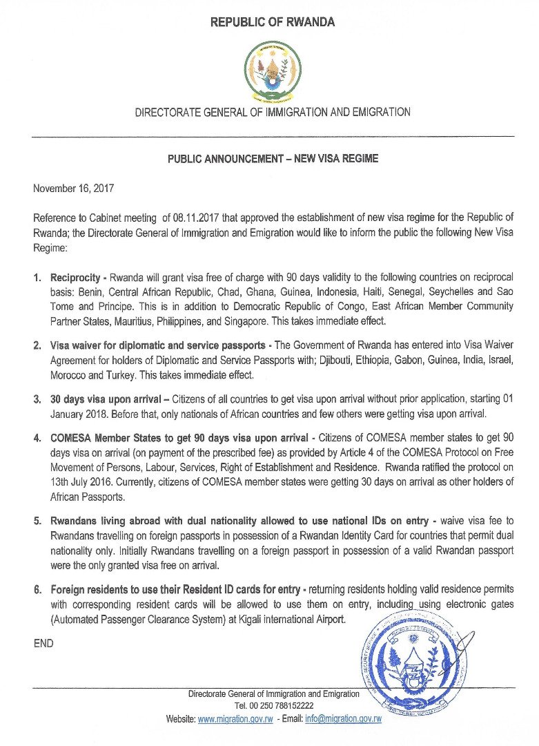 Eng.MD (@murenzidaniel) on Twitter photo #Rwanda's New VISA Regime
Effective from 01 January 2018, nationals of all countries will get visa upon arrival without prior application. Rwandans with dual nationality allowed to use National IDs on entry <a href="/InnovateRDGN/">RwandaGlobalDiaspora</a> #Rwanda's New VISA Regime
Effective from 01 January 2018, nationals of all countries will get visa upon arrival without prior application. Rwandans with dual nationality allowed to use National IDs on entry <a href="/InnovateRDGN/">RwandaGlobalDiaspora</a>