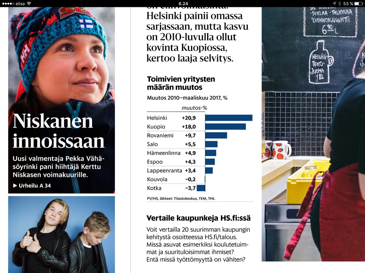 SirpaSalmela's tweet photo. Hienoa #Rovaniemi! Kasvua +9,7%. #HS17.11.2017 @marjaprl https://t.co/qjPEJSQnAR