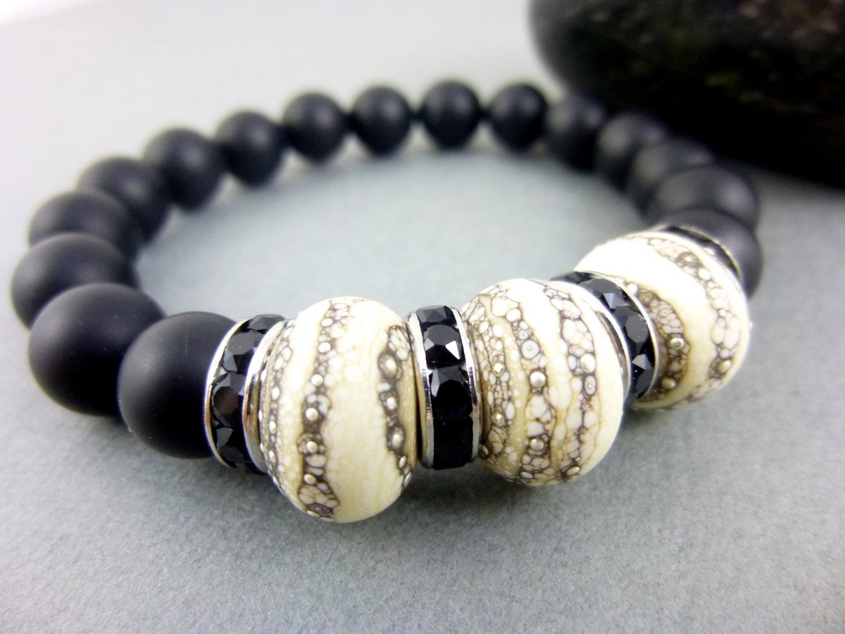 Lamp Work Matte Black Onyx Beaded Bracelet, Root Chakra bit.ly/2g2CPBl #jetteam #Jewelry