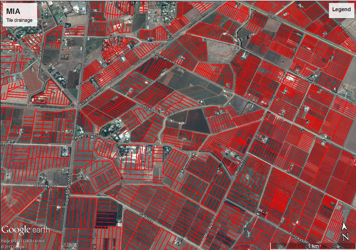 Not at the level of <a href="/simongerman600/">Simon Kuestenmacher</a> #amazing #maps but I think this one is pretty cool. 20000 ha of #tiledrainage protecting the #MurrumbidgeeIrrigationArea horticultural #farms from #waterlogging and #salinisation. #Patterns dictated by #soil #hydraulic #conductivity