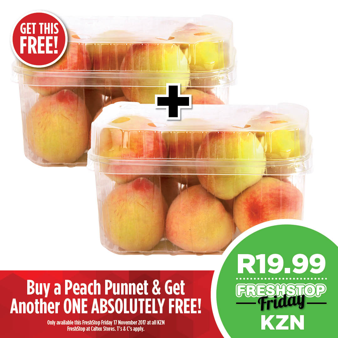 FreshstopSA's tweet photo. Have a peach of a #FriYAY with our #FreshStopFriday deal: Buy 2 punnets of peaches for only R19.99!
Valid in FreshStop at @Caltexsa KZN stores, while stocks last, 17 Nov only. https://t.co/qMVXZSHCl1