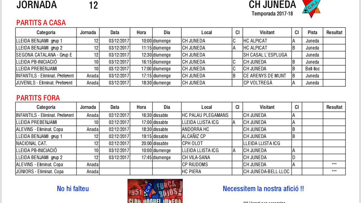 Aj_deJuneda's tweet photo. Partits del cap de setmana del #CHJuneda #NacionalCatalana https://t.co/Ffy161g1ld