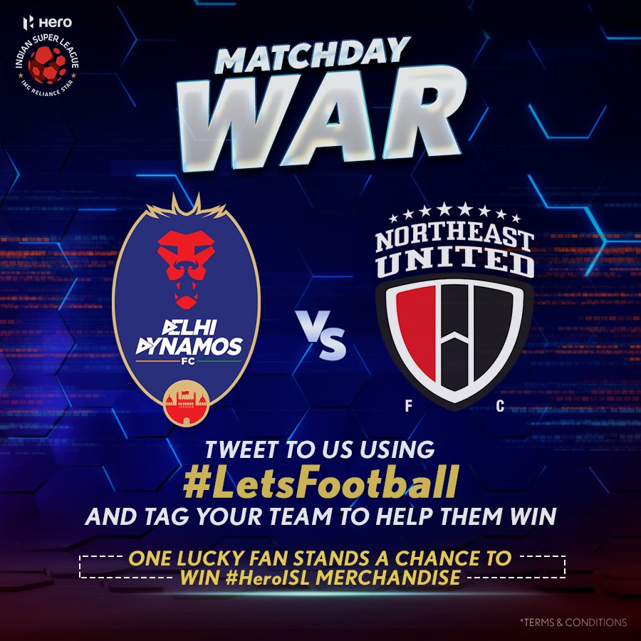 IndSuperLeague's tweet photo. Support your team in today's Matchday War!  

@DelhiDynamos fans use - #DEL, #DDFC, #RoarWithTheLions, #DelhiDynamos 

@NEUtdFC fans use - #NEU, #8States1United, #Highlanders, #NEUFC 

#LetsFootball #DELNEU https://t.co/Nm2wF0pdAX