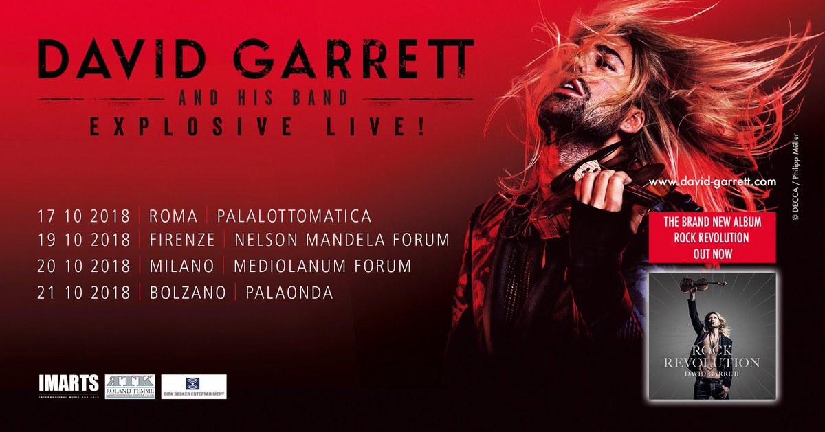 Italy 2018 - We‘re back with EXPLOSIVE Live! Join us for 4 concerts in #Roma #Bolzano #milano #Firenze! @Plottomatica @mandelaforum @MediolanumForum Tickets go on sale on 5th December! #tour #live #italy #davidgarrett