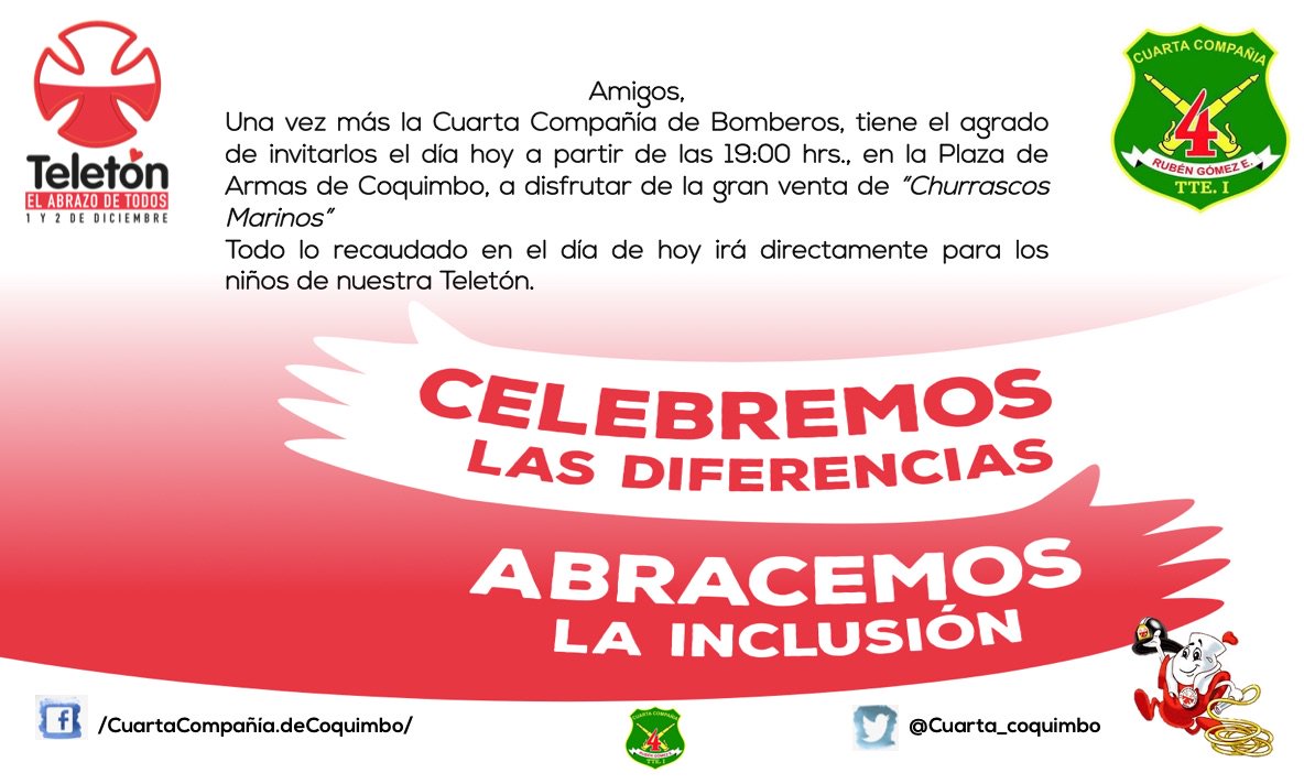 Cuarta_Coquimbo's tweet photo. Amigos, estaremos hoy a las 19:00hrs., en el Plaza de Armas de #Coquimbo vendiendo Churrascos Marinos, para ir en ayuda de nuestro niños de la @Teleton y cumplir nuestra meta #ElAbrazoDeTodos https://t.co/Oi7FZhfCeF