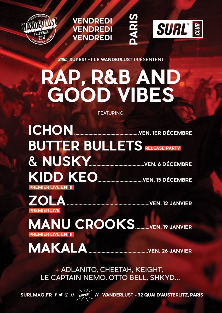 SURLMAG's tweet photo. On a beaucoup charbonné avec @supermonamour pour vous concocter un programme de #SURLCLUB digne de ce nom jusqu'à février.

ICHON / BUTTER BULLETS / NUSKY / KIDD KEO / ZOLA / MANU CROOKS / MAKALA

 👉 RT, dis nous le show qui te parle le plus, et on invitera toi et ton/ta pote. https://t.co/Zrfi906BC8