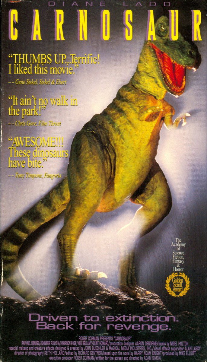 ManiacManor's tweet photo. Carnosaur (1993):
Released two months before Jurassic Park, Carnosaur tells a tale of a scientist that revives dinosaurs in a nature park.

Wait what.
Nevermind it has death lasers, all is forgiven.

#horror #badmovies https://t.co/cB8vO0AOzI