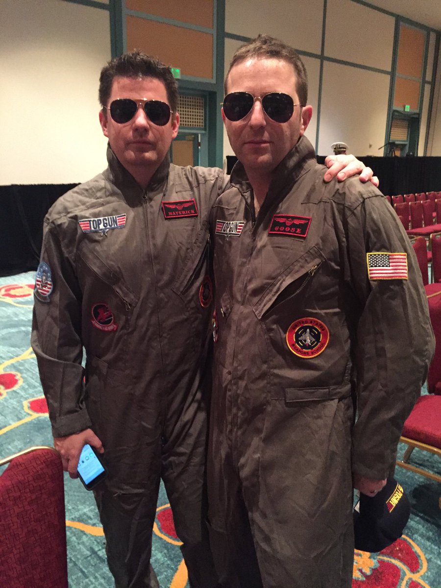 BrianGSmith6's tweet photo. Top Gun “pilots” in full uniform are actually instructors and judges in the surgical simulation training program and competition yesterday at #IPOS2017. Drs. Mike Glotzbecker on the left and Ben Shore are both from Boston Children’s Hospital #POSNA https://t.co/8zvwNswS23