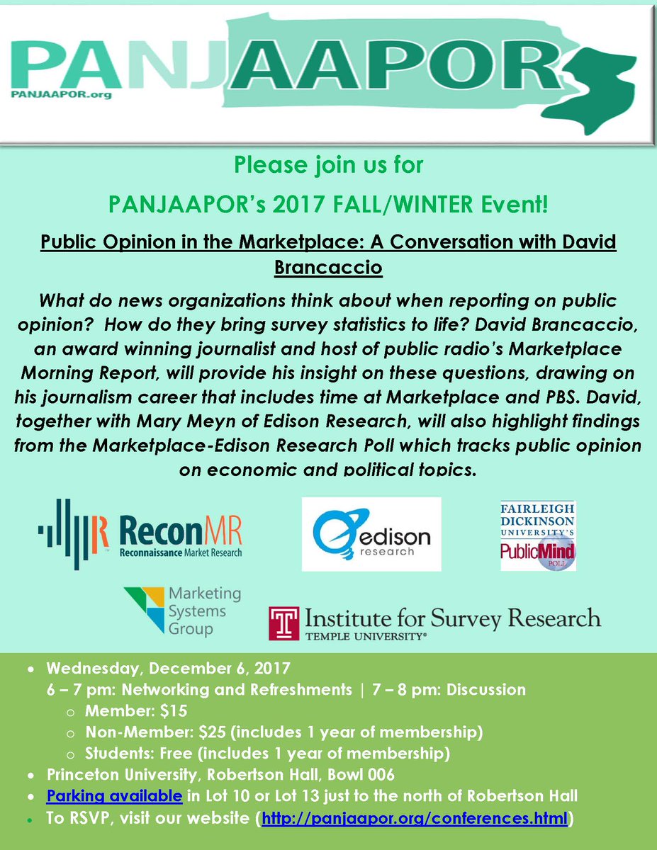 Join us 12/6 @ 6 PM at Princeton U for "Public Opinion in the Marketplace: A Conversation with <a href="/DavidBrancaccio/">David</a>" and <a href="/edisonresearch/">Edison Research</a>'s Mary Meyn. Register here: panjaapor.org/conferences.ht…