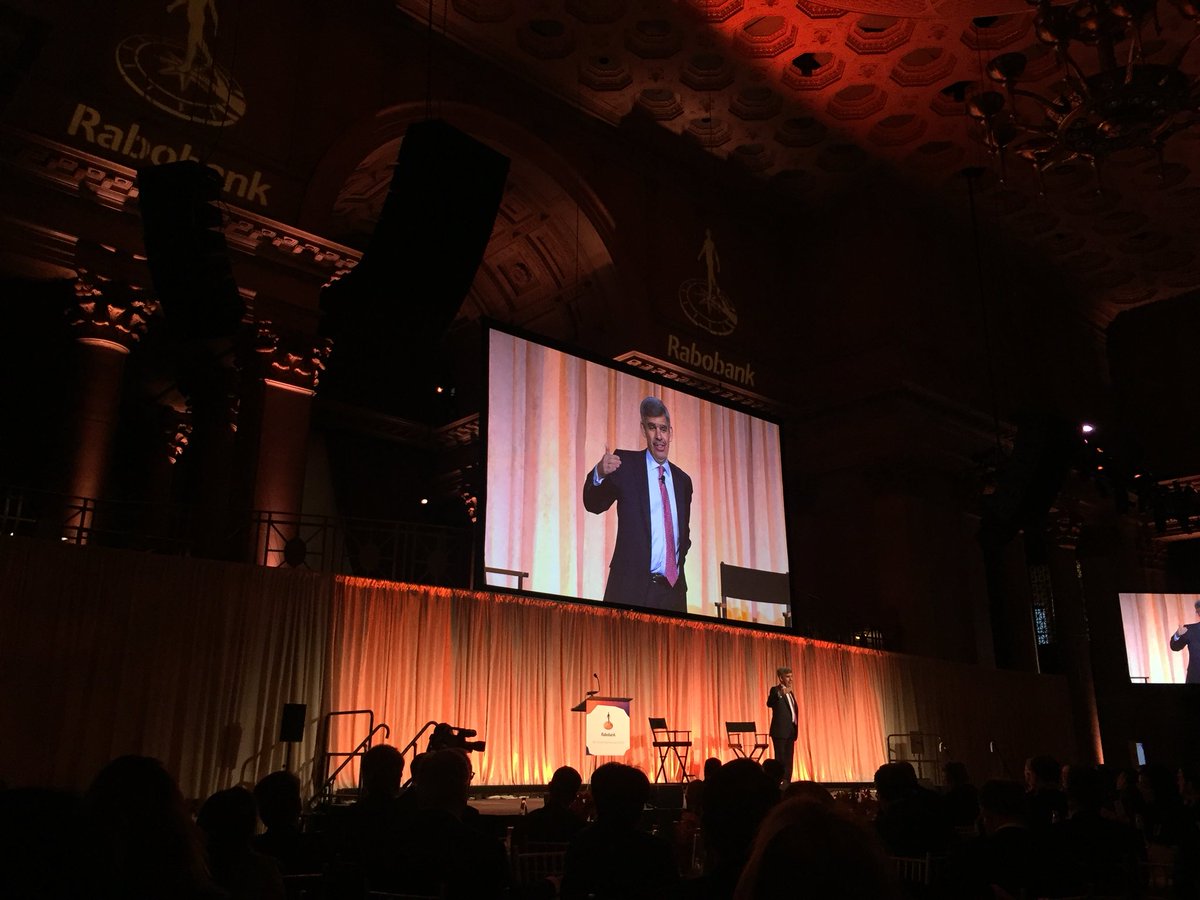 Thrilled to be listening to Mohamed El-Erian share insight in our “yes, but” economy. Resilience, agility, &amp; optionality are key to success in bi-modal world. #RaboSummit17