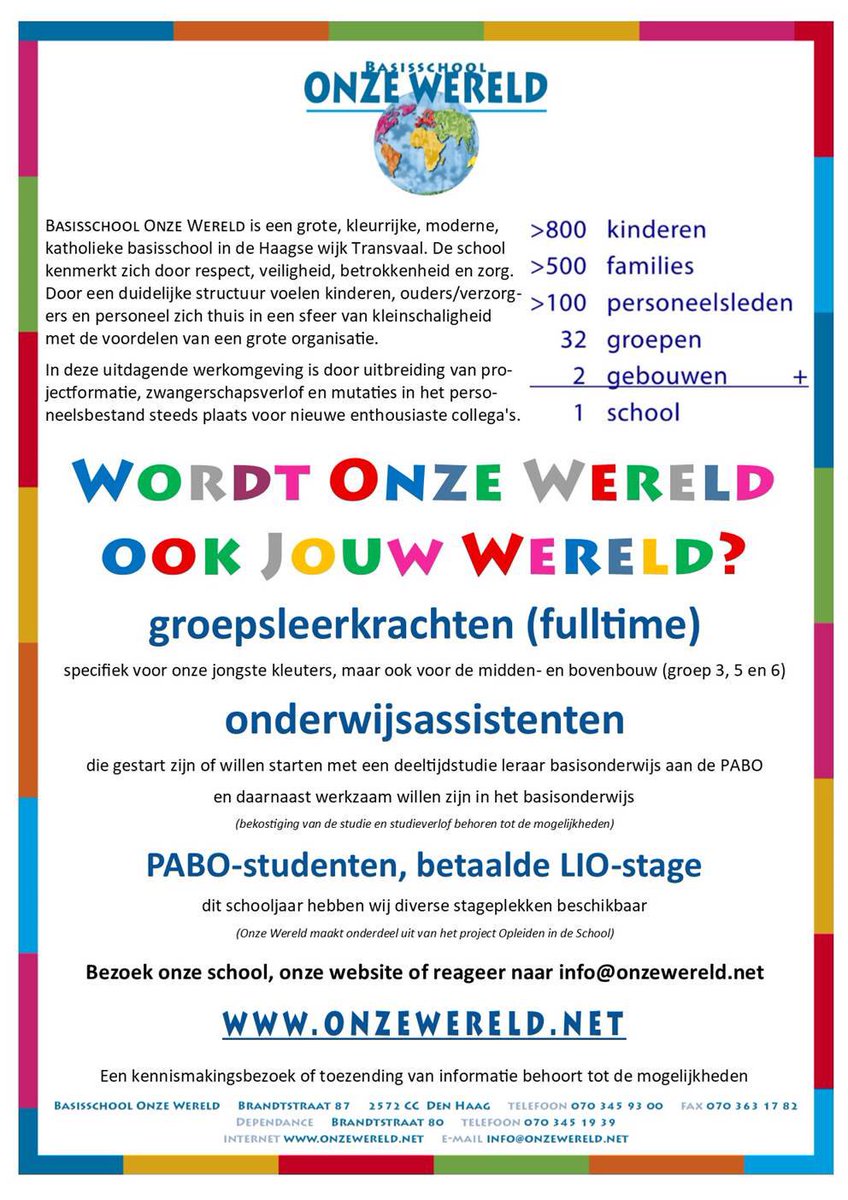 evadebrabander's tweet photo. Wordt Onze Wereld ook jouw wereld? #vacature #basisonderwijs https://t.co/BC8V7DUkX7
