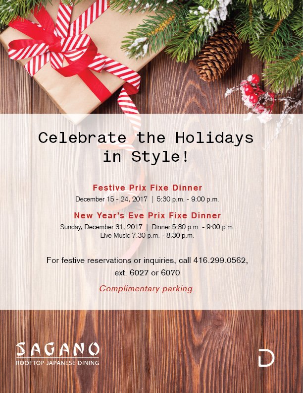 DeltaTO_East's tweet photo. Celebrate the holidays in Style with our Festive &amp; New Year's Eve Prix Fixe Dinner @ SAGANO-Rooftop Japanese Dining with complimentary parking starting from:
*Dec 15-24, 2017 - 5:30pm - 9:00pm.
*Dec 31, 2017 - 5:30pm - 9:00pm with Live Music.
Reservations Recommended. https://t.co/721J37tlGa