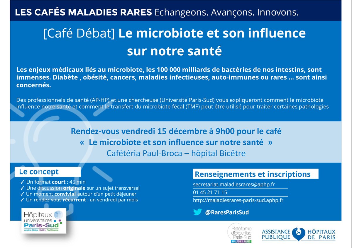 RareParisSaclay's tweet photo. #SaveTheDate Rdv pour notre prochain café-debat concernant "Le microbiote et son influence sur notre santé"  à la cafeteria de l'hôpital Bicêtre le 15 décembre à 9h. Voilà un sujet fort intéressant. Venez-nombreux ! https://t.co/U7fZ6XtKDL