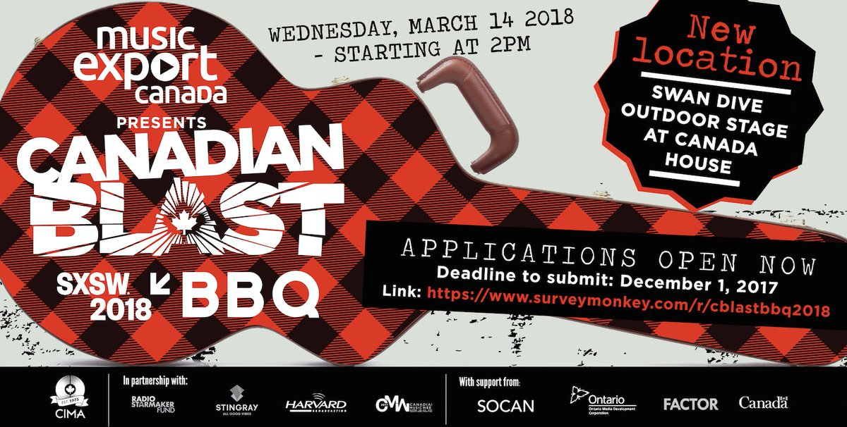 Today is your last chance to apply for the Canadian Blast BBQ at <a href="/sxsw/">SXSW</a> 2018 this March! No exceptions will be made so make sure to submit your artists by the end of the day! 
cimamusic.ca/news/recent-ne…