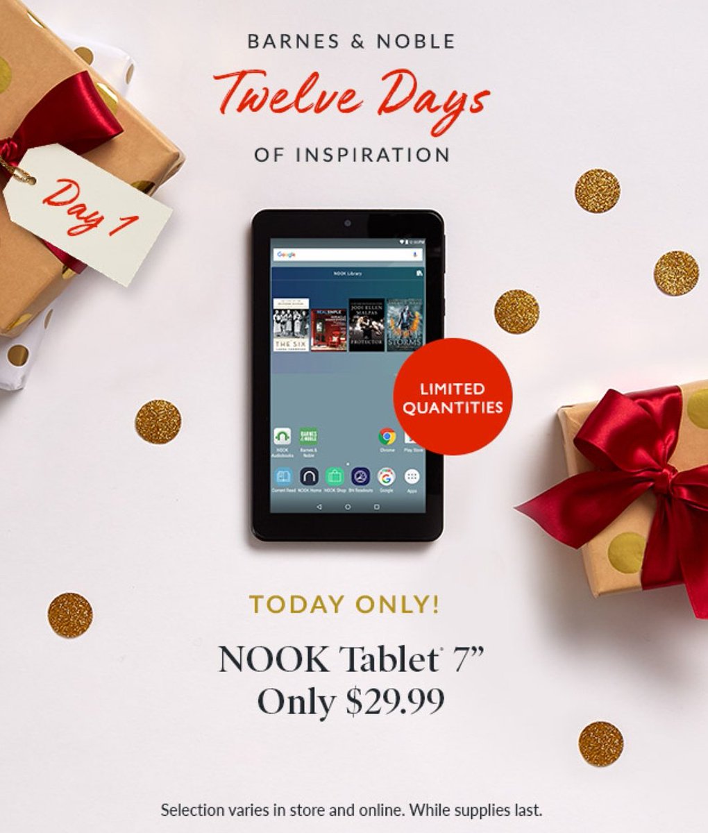 BNSaratoga's tweet photo. Welcome to our #12DaysofInspiration Unwrap exclusive deals each day for 12 days! Day 1: #NookTablet 7 inch for only $29.99! Hurry- you only have close of business before this sale disappears!
#bnsaratoga #barnesandnoblesaratoga #barnesandnoble #iheartbooks #nook #alliwant #DayOne https://t.co/zwhh7Upq98