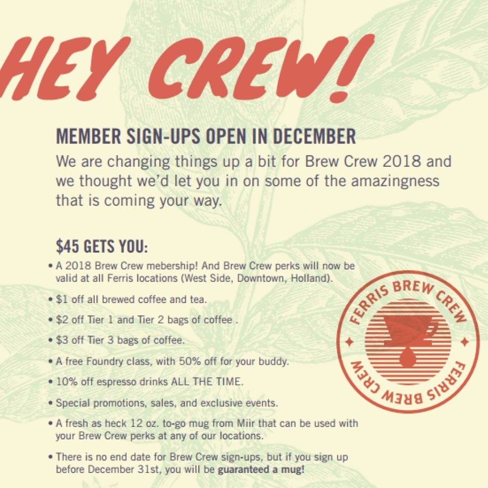 jpscoffee's tweet photo. Today's the day! @FerrisCoffee Brew Crew sign-ups officially begin! Swing by the shop and snag yourself a 2018 membership https://t.co/I0vNtIlAIu