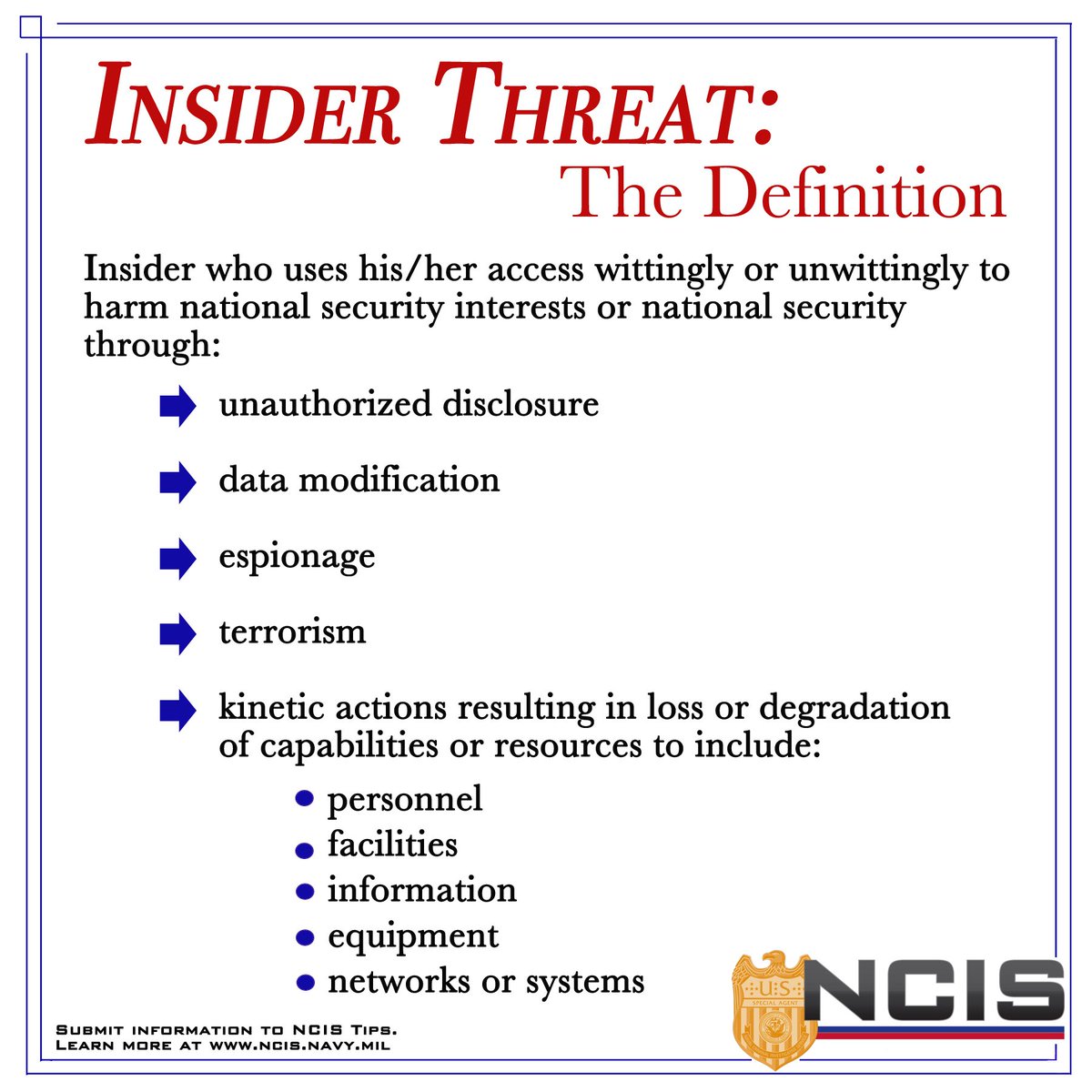 RealNCIS's tweet photo. What is Insider Threat? Be alert. Be aware. Report to #NCIS Tips. #insiderthreat #espionage #Security .@USNavy .@USMC https://t.co/nwN2xagmmx