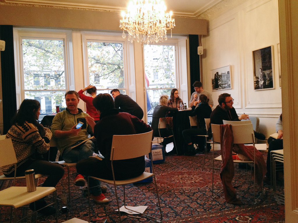 FastFamiliar's tweet photo. Brilliant group of makers coming up with audience-centric experiences at @ACF_London. And also check out the chandelier. Every rehearsal room should have one #chandelier https://t.co/eoKxX9gYWn