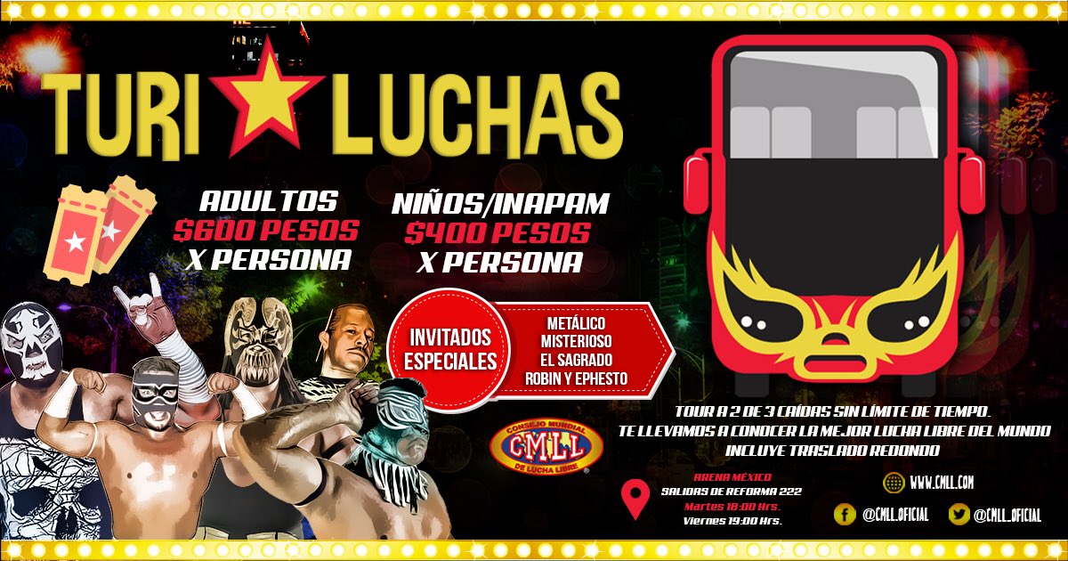 CMLL_OFICIAL's tweet photo. ¡Ven y disfruta de la mejor lucha libre, del @CMLL_OFICIAL en la @Arena_MX  con el @turiluchas ! https://t.co/3UYlHRRwmV