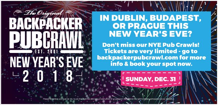 BackpackerCrawl's tweet image. Bound for Budapest, Prague, or Dublin this New Year's Eve? Get on our NYE pub crawls, before it's too late! Limited early bird tickets available now.  🎊🍸💋🍷🍹🍻🎆🎇🎉 ow.ly/eBy530gWUuJ