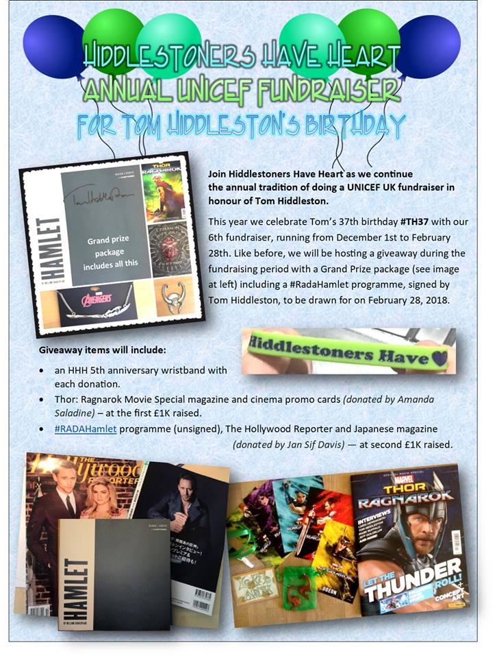 HiddlestonersHH's tweet photo. Hiddlestoners Assemble! Join us as we celebrate #TomHiddleston's upcoming 37th birthday #TH37 Feb. 9th, 2018 w/ our 6th #UNICEF fundraiser in honour of Tom, from Dec. 1st to Feb. 28th. https://t.co/8sAYK6svko
More info at: https://t.co/PdIarjex6c
L💚VE, Team HHH
#HHH5 #UNICEF_UK https://t.co/NwAL4Xe3Uc
