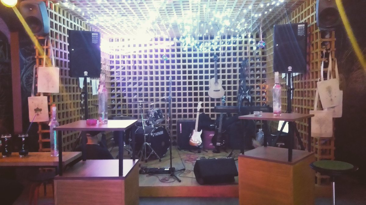 NemraBand's tweet photo. And here is cosy and warm Pam club 😊 \N/ 
#nemra #nemraband #concert #pamclub #Tbilisi #cosy #guitar #keyboard #drums https://t.co/pO0TCRXtyG