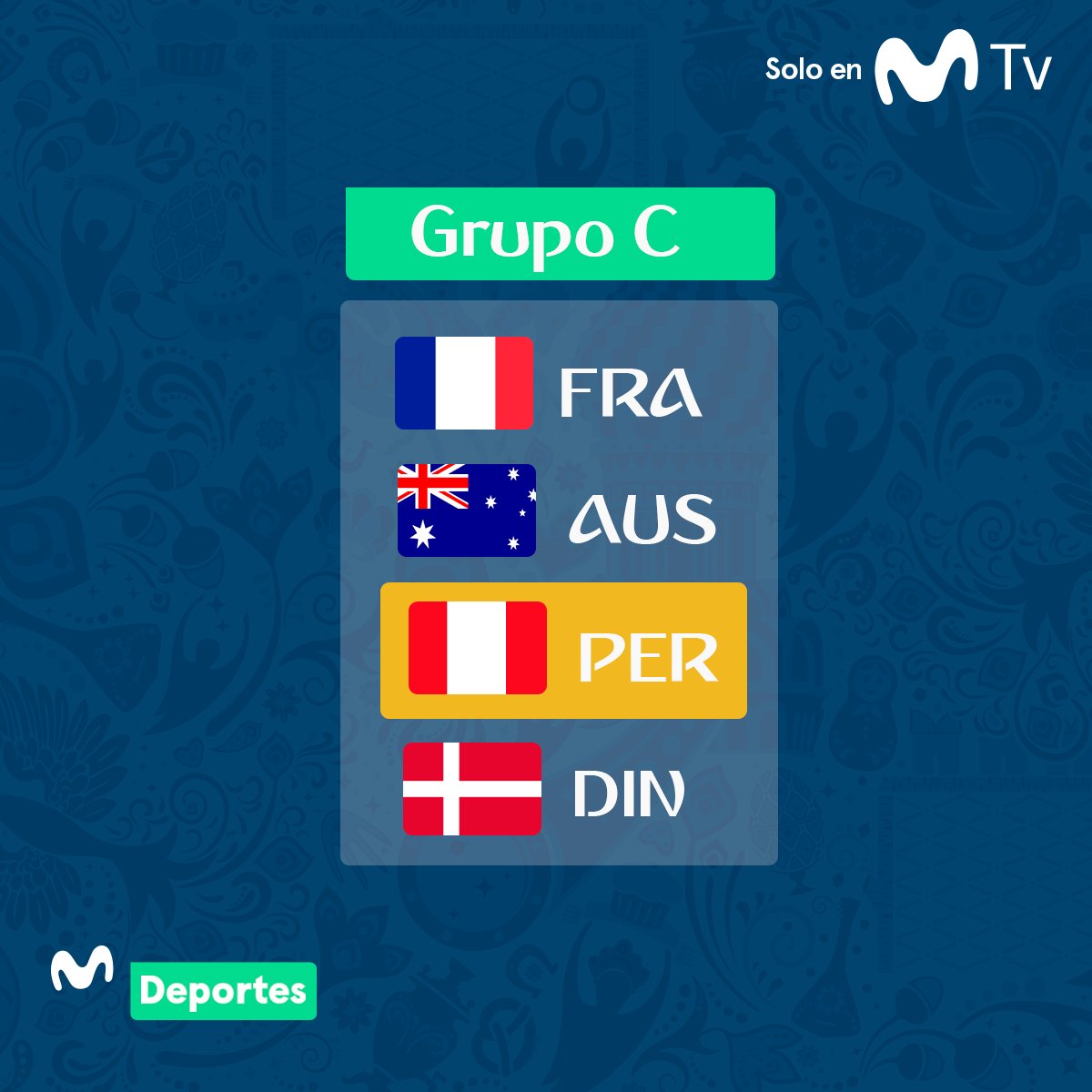MovistarDeporPe's tweet photo. #SorteoMundial ¡Este es el #GrupoC de #Rusia2018!

C1: 🇫🇷 #Francia
C2: 🇦🇺 #Australia
C3: 🇵🇪 #Perú
C4: 🇩🇰#Dinamarca

💻 Mira todos los detalles aquí ➡️ https://t.co/TU1YDrWPhl https://t.co/LYivE9turT