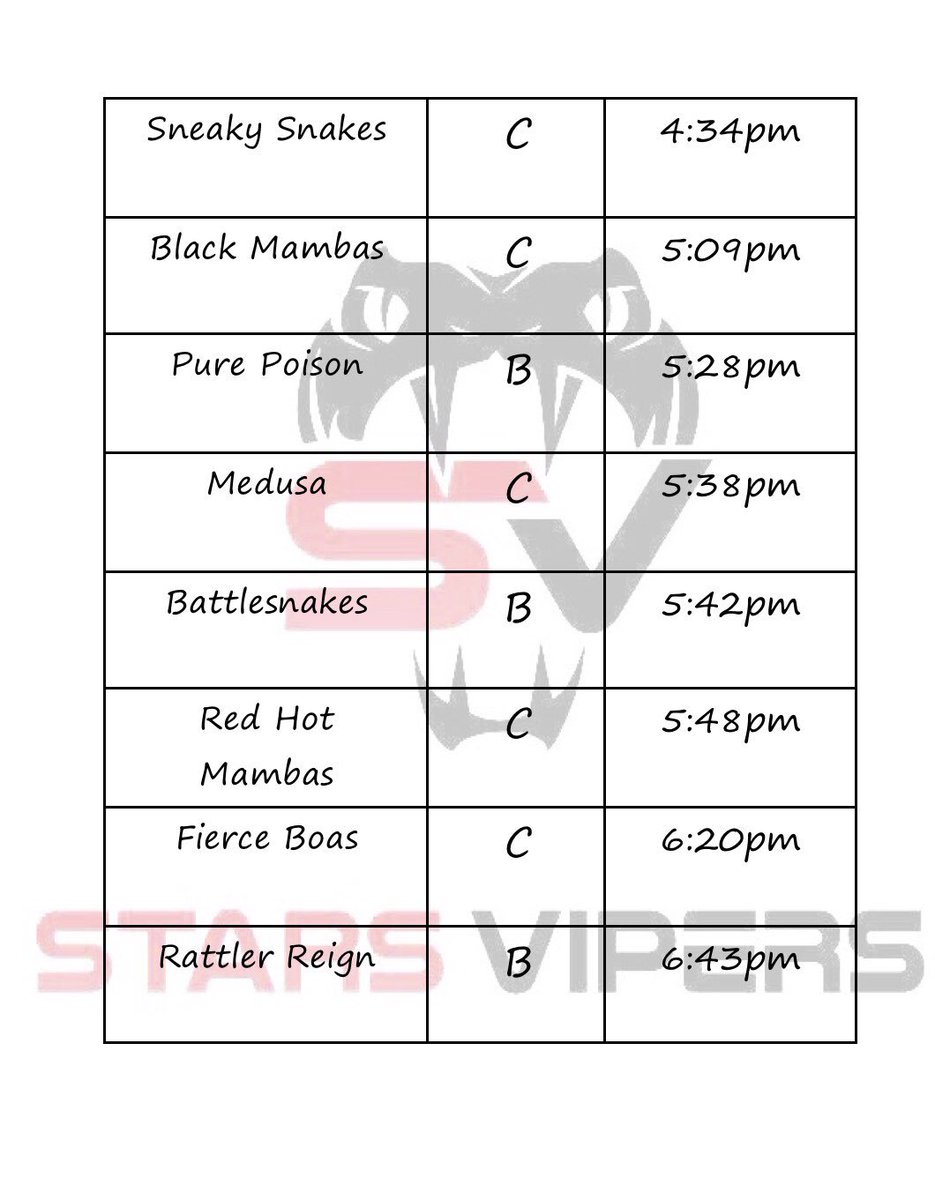 Stars_Vipers's tweet photo. Viper family and friends here is our program schedule for Saturday 12/2 at Encore Championships! Let’s be super supportive and loud for all of our Viper teams!! #SVTogether #SVTakeover https://t.co/oC9XT22cj5