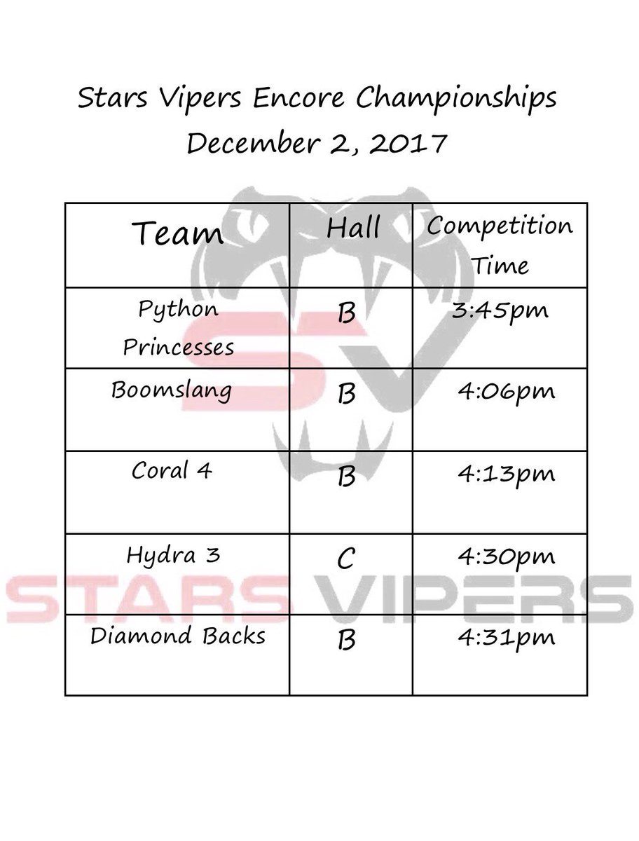 Stars_Vipers's tweet photo. Viper family and friends here is our program schedule for Saturday 12/2 at Encore Championships! Let’s be super supportive and loud for all of our Viper teams!! #SVTogether #SVTakeover https://t.co/oC9XT22cj5