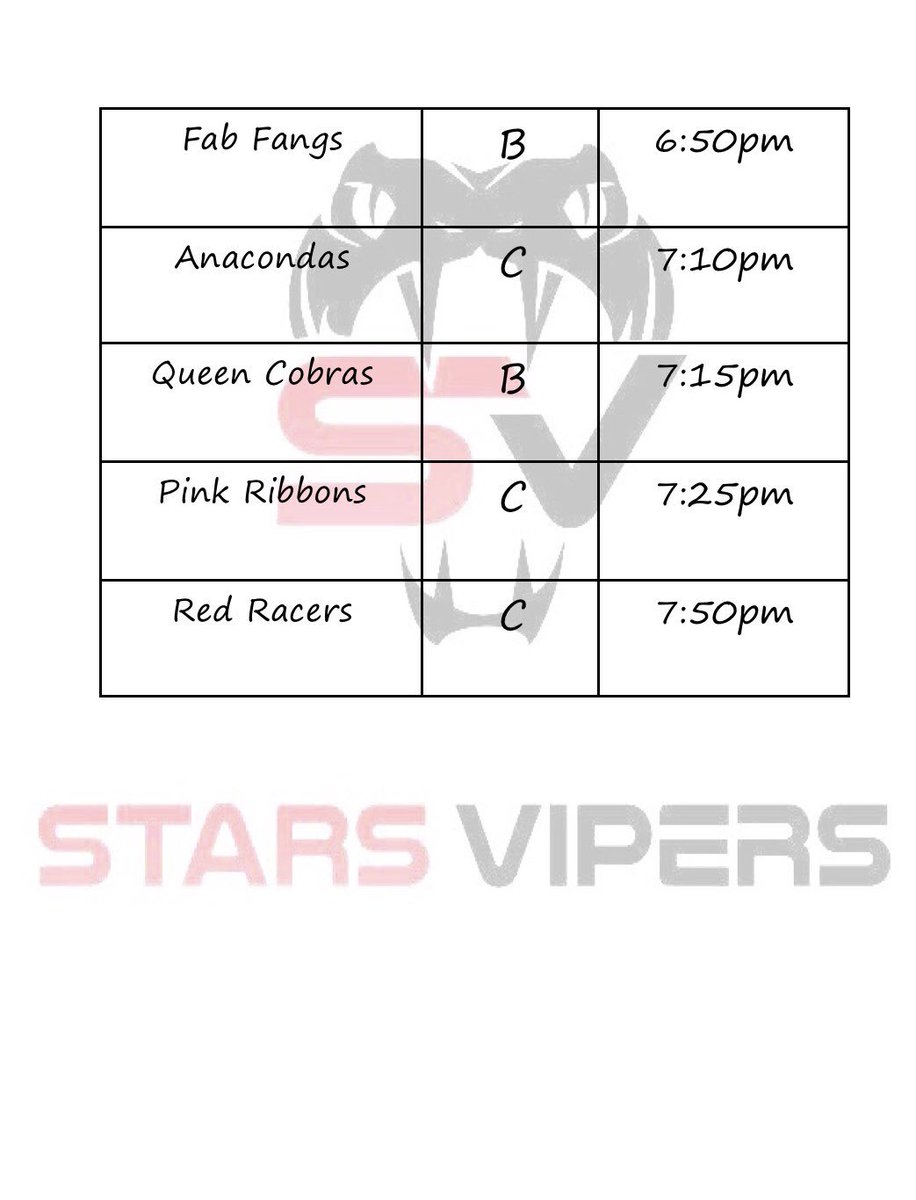 Stars_Vipers's tweet photo. Viper family and friends here is our program schedule for Saturday 12/2 at Encore Championships! Let’s be super supportive and loud for all of our Viper teams!! #SVTogether #SVTakeover https://t.co/oC9XT22cj5