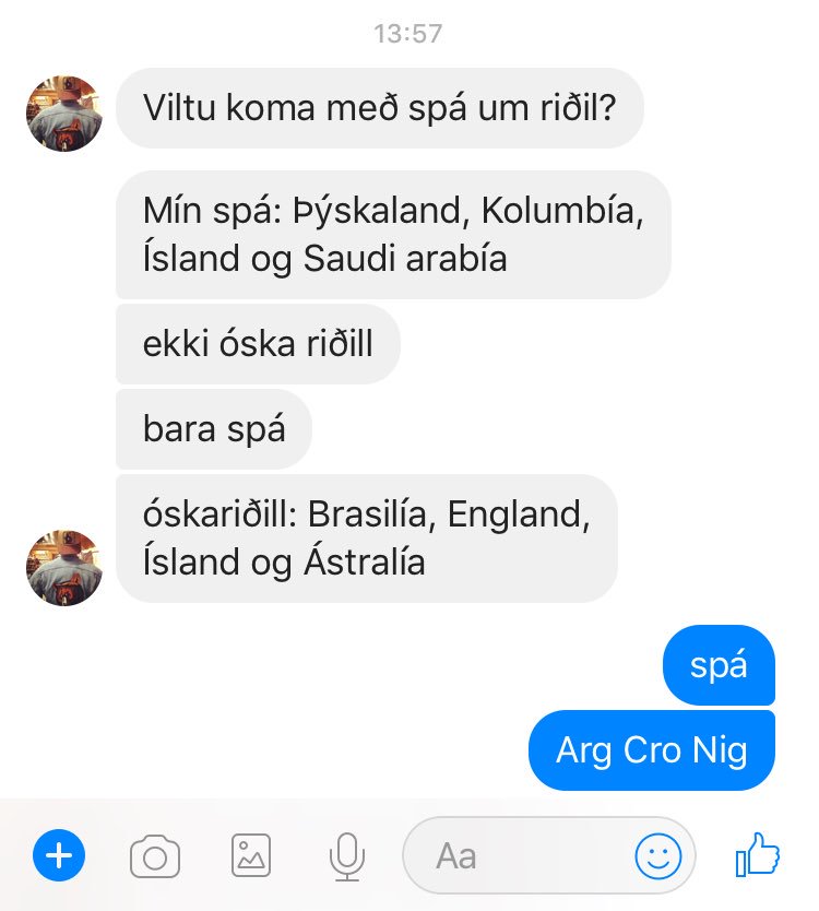 Fyrr í dag fékk ég þessa góðu spurningu frá góðum manni. <a href="/bjossihilmars/">Björn Hilmarsson</a> #hm2018 #WorldCup2018 

Ég bettaði ekki á þetta.

Góðar stundir.