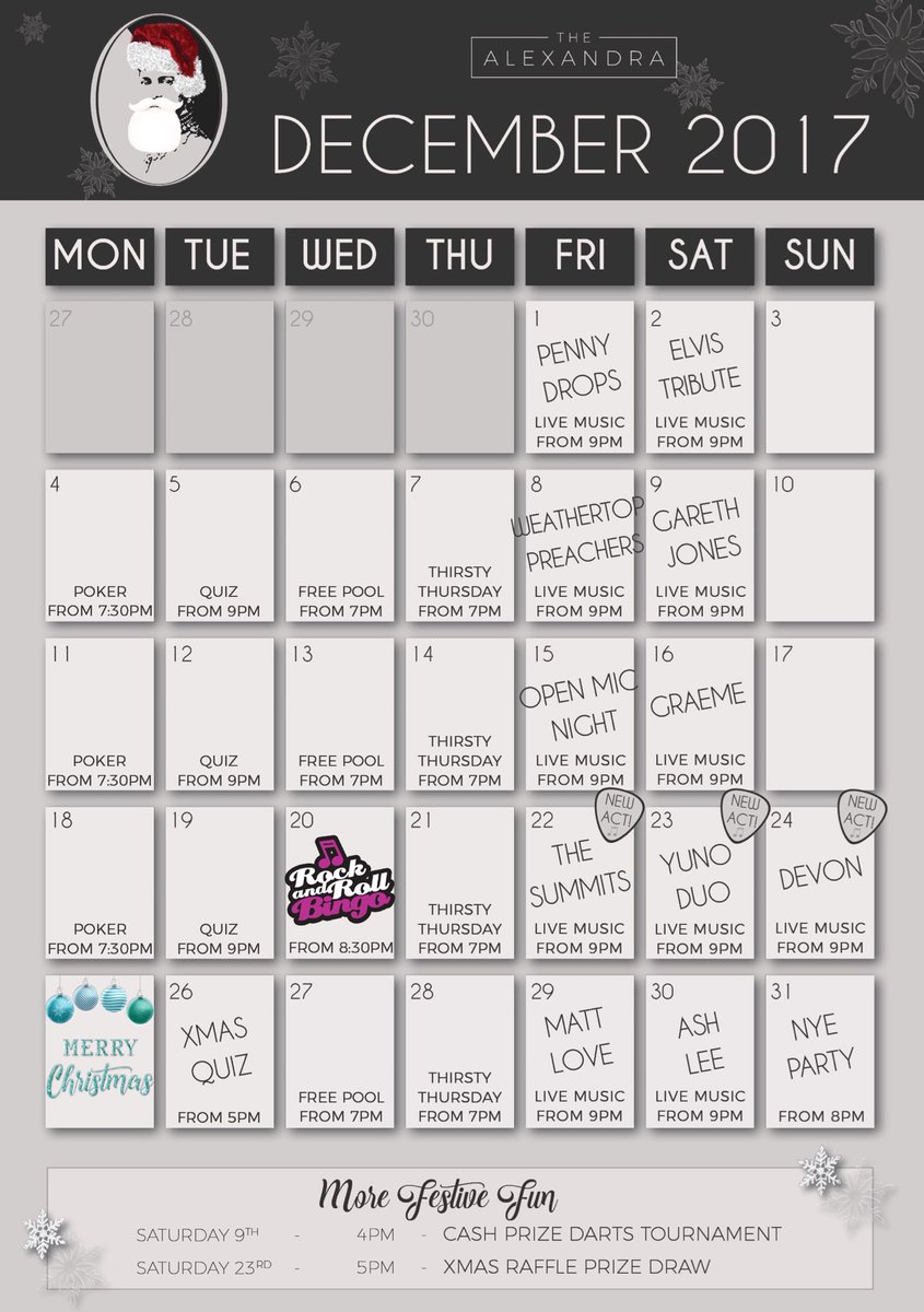 What's On at The Alex in December 🎅🏼🎵🍻🎱 ♣️ ⚽️ #WhatsOn #December #Farnborough #LiveMusic #ThirstyThursday #Quiz #Poker #FreePool #LiveSports #Darts #RockRollBingo #Xmas #Raffle #Festive #FarnBiz