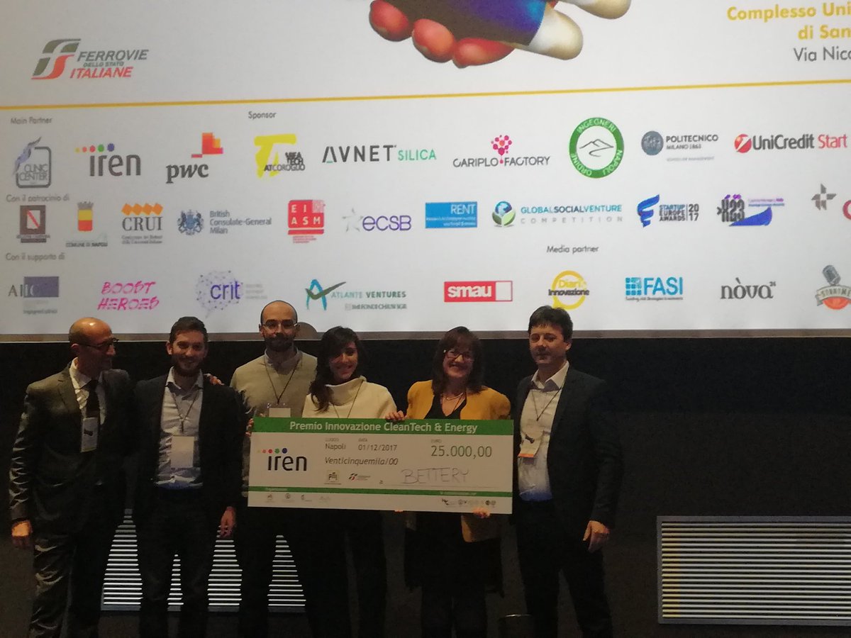PNICube's tweet photo. #PNI2017 #Bettery vincitore del premio #CleantechEnergy promosso da @gruppoiren @startcupER https://t.co/tZ4r79szBN