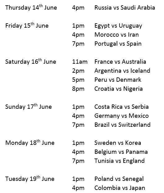 Shasha_Sports's tweet photo. مباريات الجولة الأولى من مونديال روسيا 2018 بتوقيت جرينتش، القدس +2، مكة +3. https://t.co/ZnZ9Fd7Aja