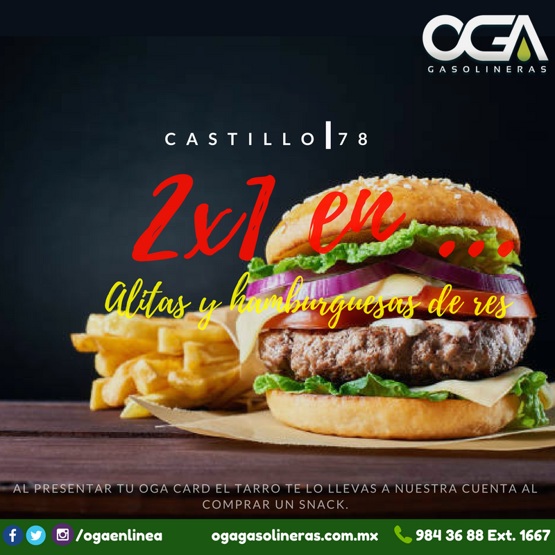 OGAenLinea's tweet photo. Visita el Castillo 78 y presenta tu OGACARD y obtén un 2x1 en alitas, y en hamburguesa de res, y el tarro te lo llevas por cuenta de la casa al ordenar un snack. 
 #OgaEnLinea #SiempreCercaDeTi #FelizViernes https://t.co/hA5tPNn2am