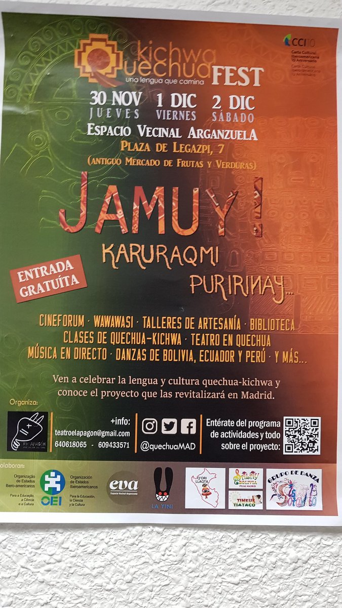 Burbuja2904's tweet photo. Hoy en @evArganzuela  ven a celebrar la lengua y la cultura Quechua-Kichwa. Exposición de actividades #Jamuy #Kichwa #Quechua
#UnaLenguaqueCamina https://t.co/WxMX5XqZ4U