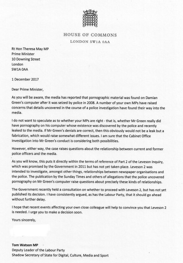 I’ve written to Theresa May: today’s allegations about Damian Green show we need part 2 of the Leveson Inquiry.