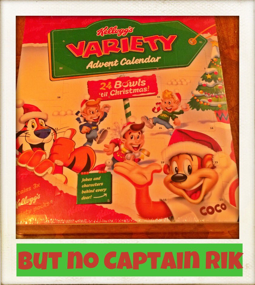 WolfieBA's tweet photo. Got a great @KelloggsUK #AdventCalendar 🎄but it’s missing #CaptainRik. First they came for the Captain, then Snap Crackle & Pop disappeared one by one , then Tony the Tiger was extinct as was Croc & Coco - @Nestle protect Klondike Pete & the Shreddie Grannies ! #SaveOurCereal https://t.co/UtyylggOwR
