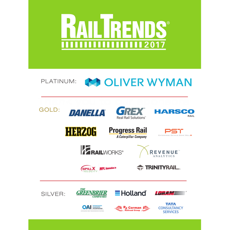 RailTrends's tweet photo. Thank you to all of our #RailTrends17 sponsors! And a special shoutout to @OliverWyman for their platinum sponsorship. https://t.co/eIo4denRia