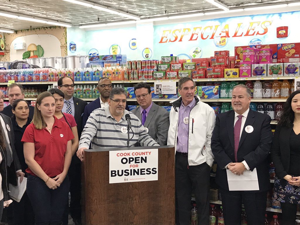 craigrwall's tweet photo. Business owners and anti soda tax commissioners celebrate end of sweetened beverage tax in Cook County. @ABC7Chicago https://t.co/W9v4fnqJf5