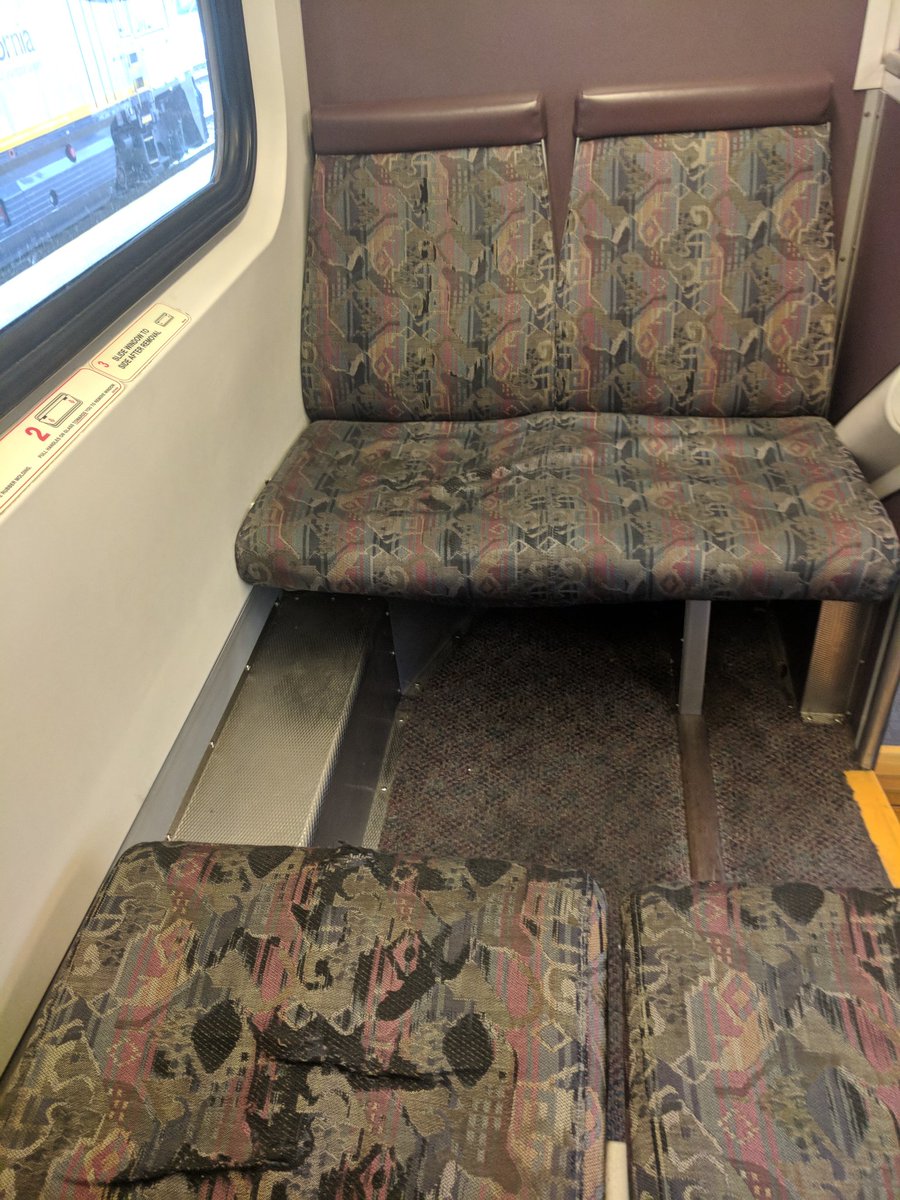 JasonMillerInSJ's tweet photo. Hi @Caltrain, your seats on #233 NB are looking pretty torn up &amp; gross. Caltrain riders who put your feet up: THIS IS WHY WE CAN'T HAVE NICE THINGS. Please stop. https://t.co/PBTx3ZIna8