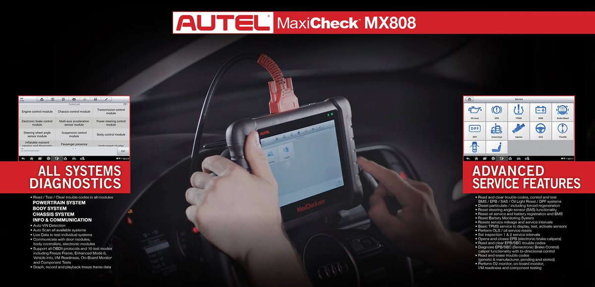 AutelTools's tweet photo. AUTEL MaxiCHECK MX808 + Shop Management Apps
Advanced Service Functions + All Systems Diagnostics
The MX808 provides all the same essential AutoVIN and AutoSCAN features as the affordable service and all systems diagnostic MD808Pro.
#Autel #MaxiCHECK #MaxiSYS #ScanTool #OBDII https://t.co/gQgv1CPyTU