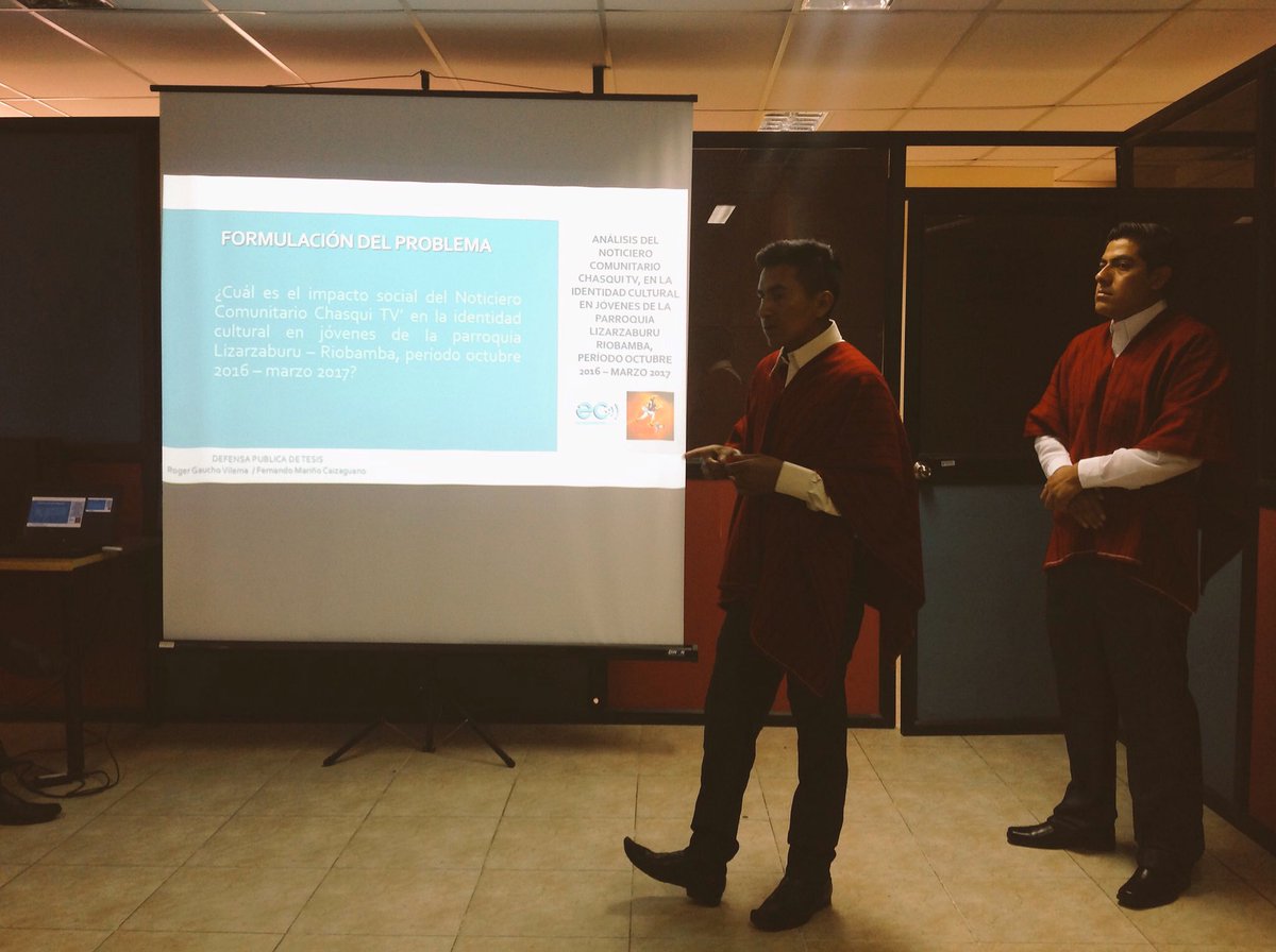 e_unach's tweet photo. Nuestros estudiantes Manuel Guacho y David Mariño presentaron esta mañana la tesis "Análisis del Noticiero Comunitario Chasquido TV, en la identidad cultural en jóvenes de la parroquia Lizarzaburu -Riobamba, periodo octubre 2017 - Marzo 2017" Felicitaciones!! 👏🏻👏🏻 https://t.co/sZHcm0AodF