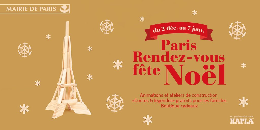 A partir d'aujourd'hui, <a href="/parisrendezvous/">Paris Rendez Vous</a> fête #Noël ! Venez participer à des animations et des ateliers de construction #Kapla à l'Hôtel de Ville de #Paris. C'est gratuit ! #NoëlAParis 👉🎄🎁🌟
Informations et inscriptions  quefaire.paris.fr/parisrendezvous