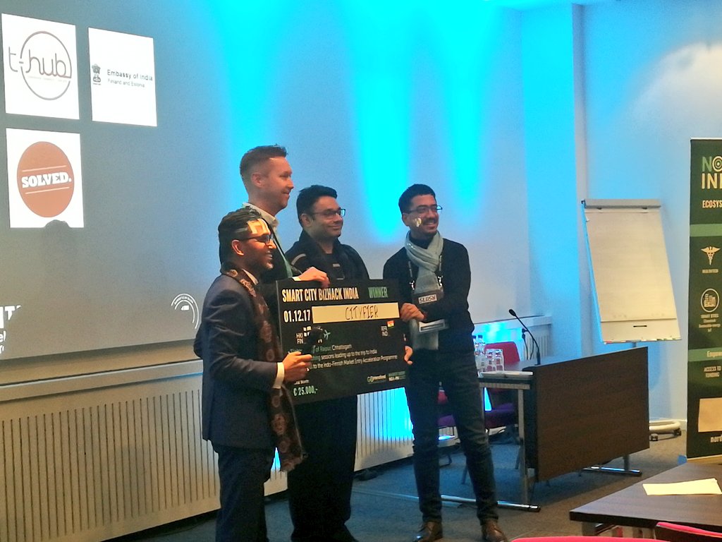goifinland's tweet photo. WINNER OF SMART CITY BIZHACK INDIA is CITYFIER!
Congratulations Jukka Kettunen!
Thank you all for this amazing 3 Day Event!
#GOIaccelerator #slush17 #BragForFinland https://t.co/0HDyS3EaVe