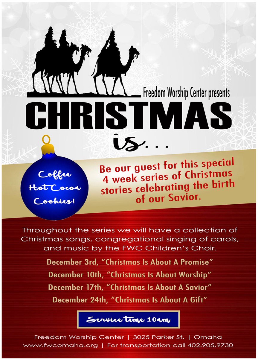 JeffLBooth's tweet photo. Be my guest as we begin our 'Christmas Is...' series this Sunday at 10am. Meet and greet starts at 9:30a with refreshments. Freedom Kids Ministry & Huddle Student Ministry provide activities as well. #ILoveMyChurch #ChristmasIsAboutAPromise #FWCOmaha #3025ParkerSt https://t.co/Za4YE6uBaC