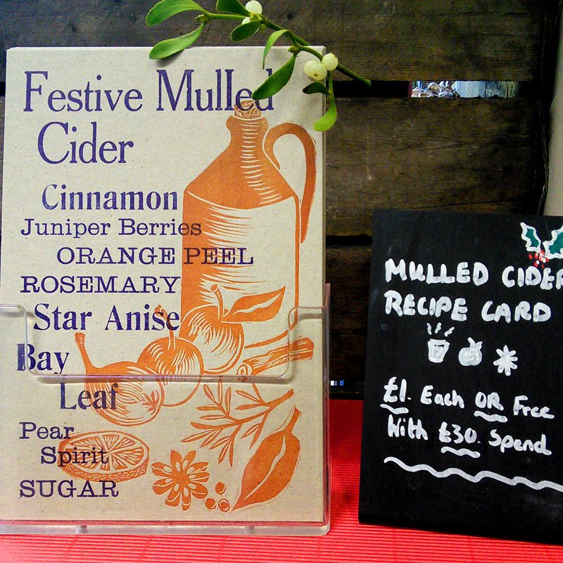 3CCiderShop's tweet photo. New in today! Our mulled cider recipe cards design by @AnneliesAppleby, printed by Tilleys printing here in #Ledbury. Buy a card and taste the #mulledcider in the shop too! https://t.co/073zHmDKE3
