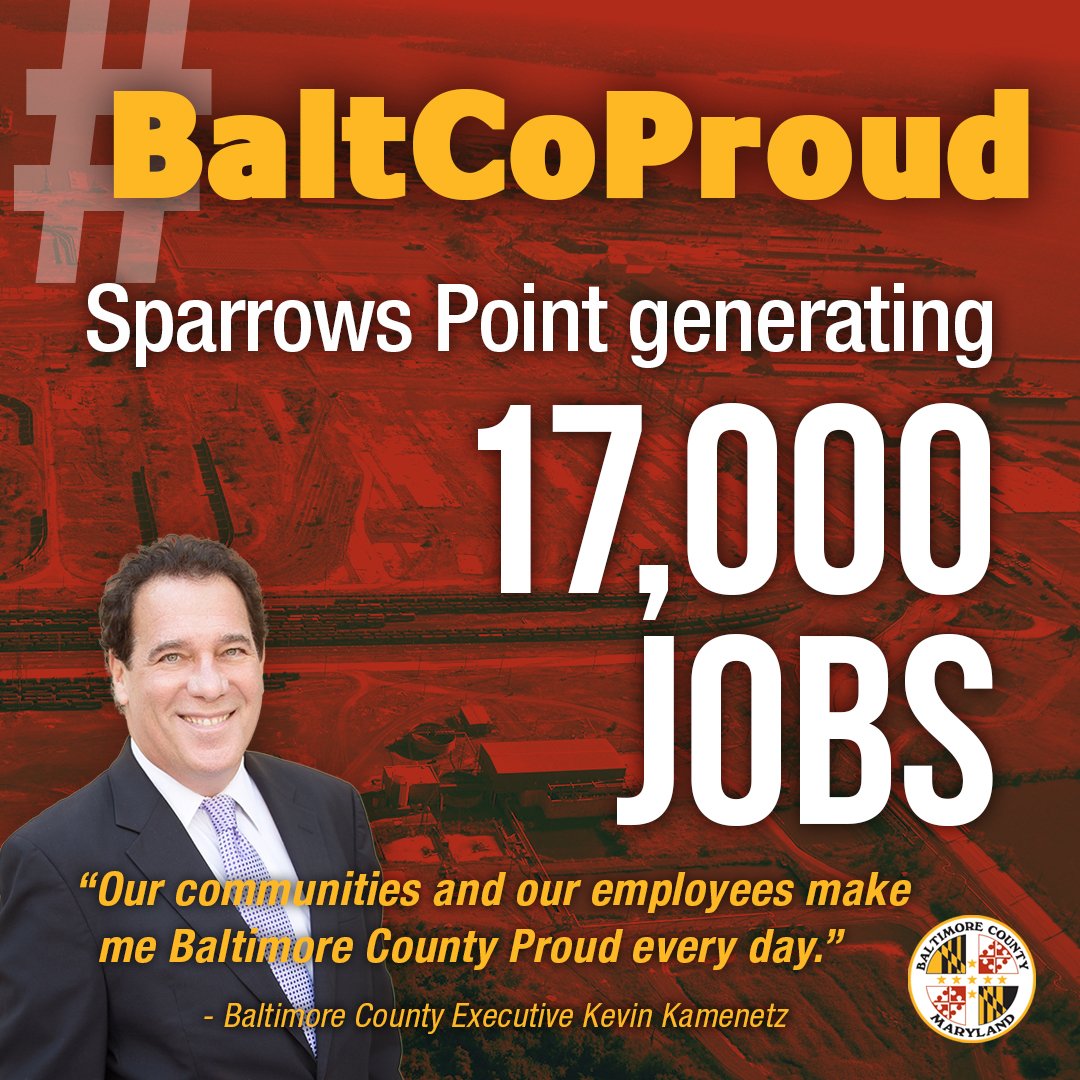 BaltCoGov's tweet photo. In 2012, County Executive Kevin Kamenetz promised that Baltimore County would see 10,000 jobs coming back to #SparrowsPoint, today #BaltCoGov is proud to announce that Sparrows Point is generating 17,000 jobs! #BaltCoProud #BaltCoJobs #BaltCoCareers #WorkInBaltCo https://t.co/n5dsUwER2N