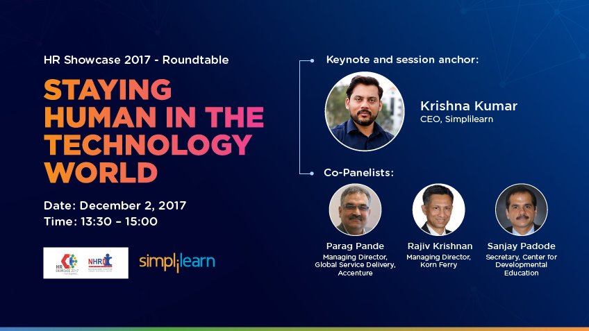simplilearn's tweet photo. Don't forget to attend the panel discussion TOMORROW at #nhrdblr #hrshowcase event 2017 with our CEO, Krishna Kumar (@slkrishna08) and do swing by our booth number 7. Learn more: https://t.co/YzHHucZVKd https://t.co/HDBNdOpJvu